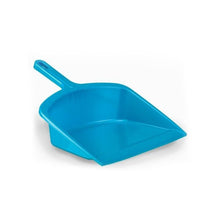 Plastic dustpan with handle, designed for easy handling and use.