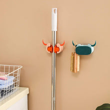 Multifunctional Cartoon Sticky Punch Free Mop Holder Wall Mounted Broom Organizer Cleaning Tools Holder Hanger, Self Adhesive Cute Cow Head Suction Cup Hanging Hook for Bathroom Kitchen (1 Pc)