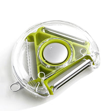 Round peeler with various slicing attachments.