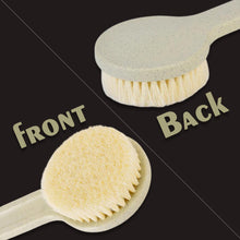 Long handle brush with soft bristles for exfoliating and massage.