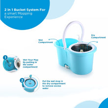 Plastic spinner bucket mop for floor cleaning, with 2 absorbers and 360-degree spin, various views.